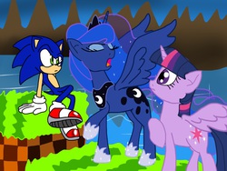 Size: 1024x768 | Tagged: safe, artist:biosonic100, princess luna, twilight sparkle, alicorn, pony, g4, chaos in equestria, crossover, eyes closed, fanfic, fanfic art, female, grass, green hill zone, male, mare, platformer, recreation, sonic the hedgehog, sonic the hedgehog (series), trio, twilight sparkle (alicorn)