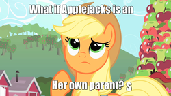 Size: 1280x720 | Tagged: safe, edit, edited screencap, screencap, applejack, earth pony, pony, g4, apple, caption, engrish, female, grammar error, mare, planned parenthood, wat