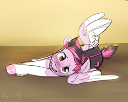 Size: 1024x819 | Tagged: safe, artist:rflzqt, oc, oc only, oc:plyr, pegasus, pony, awkward smile, blushing, cute, looking at you, lying down, male, on side, smiling, solo