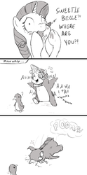 Size: 535x1079 | Tagged: safe, artist:yipsy, rarity, sweetie belle, bird, penguin, pony, unicorn, g4, animal costume, bipedal, bird costume, clothes, comic, costume, cute, monochrome, penguin costume, screaming, sweetie fail, this will end in tears, worried