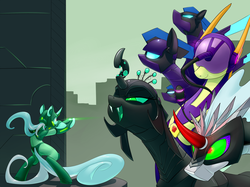 Size: 4950x3712 | Tagged: safe, artist:underpable, adagio dazzle, king sombra, lyra heartstrings, queen chrysalis, g4, crossover, mega man (series), megaman x, megamare, megamare x, poster, shadowbolts