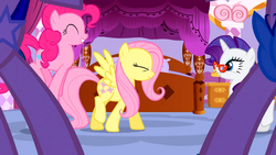 Size: 1366x768 | Tagged: safe, screencap, fluttershy, pinkie pie, rarity, g4, suited for success