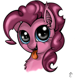 Size: 2269x2313 | Tagged: safe, artist:yellowrobin, pinkie pie, bat pony, pony, g4, fangs, female, high res, portrait, simple background, solo, tongue out, transparent background