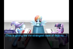 Size: 960x640 | Tagged: safe, rainbow dash, trixie, twilight sparkle, pony, unicorn, turnabout storm, g4, ace attorney, female, mare, operation: turnabout, phoenix wright, sculpture, youtube link