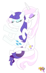 Size: 710x1126 | Tagged: safe, artist:puzzlemint, fleur-de-lis, rarity, pony, unicorn, g4, beatnik rarity, clothes, cuddling, female, lesbian, open mouth, ship:fleurity, shipping, simple background, smiling, snuggling, spooning, transparent background