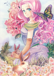 Size: 800x1117 | Tagged: safe, artist:ikanu96, fluttershy, butterfly, human, rabbit, g4, female, flower, humanized, solo