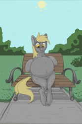 Size: 852x1280 | Tagged: safe, artist:difetra, derpy hooves, pegasus, pony, g4, abdominal bulge, belly, belly button, bench, big belly, bloated, female, food baby, implied stuffing, looking down, mare, not pregnant, ponies sitting like humans, round belly, sidewalk, sitting, solo, stuffed, stuffed belly