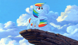 Size: 3000x1753 | Tagged: safe, artist:szinthom, rainbow dash, g4, cliff, cloud, cloudy, female, rock, scared, simba, sky, solo, the lion king, thinking, wind, worried