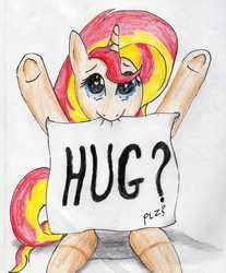 Size: 2382x2874 | Tagged: safe, artist:40kponyguy, derpibooru exclusive, sunset shimmer, pony, unicorn, g4, cute, female, heart eyes, high res, hug, hug request, mouth hold, shimmerbetes, sign, solo, traditional art, wingding eyes