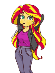 Size: 3000x4000 | Tagged: safe, artist:chibicmps, sunset shimmer, equestria girls, g4, clothes, cute, female, high res, jeans, pocky, shimmerbetes, snack, solo