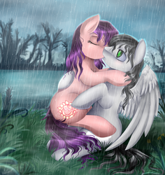 Size: 1987x2106 | Tagged: safe, artist:pridark, oc, oc only, earth pony, pegasus, pony, couple, duo, female, kissing, male, outdoors, rain, straight