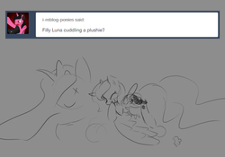 Size: 1280x894 | Tagged: safe, artist:darkflame75, princess luna, lunadoodle, g4, female, filly, monochrome, plushie, solo, woona