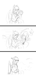 Size: 1472x3072 | Tagged: safe, artist:sean mirrsen, oc, oc only, oc:moonlight sonata, bat pony, diamond dog, pony, comic, crying, flower, frown, hoof hold, innuendo, monochrome, open mouth, pun, running, sad, sharp teeth, smiling, visual pun, wide eyes