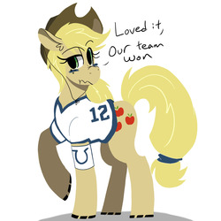 Size: 1280x1280 | Tagged: safe, artist:wirelesspony, applejack, g4, american football, andrew luck, ask, asklyingapplejack, clothes, discorded, female, indianapolis colts, liarjack, nfl, raised eyebrow, scrunchy face, solo, super bowl, super bowl xlix, tumblr
