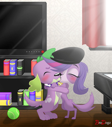 Size: 972x1100 | Tagged: safe, artist:brodogz, spike, spike the regular dog, dog, equestria girls, g4, best ship, blushing, bonding, boyfriend and girlfriend, crossover, crossover kiss, crossover shipping, female, having a moment, kiss on the lips, kissing, littlest pet shop, love, making out, male, paws, public display of affection, puppy love, shipping, spike's dog collar, straight, tail, television, tennis ball, zoe trent, zoespike