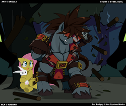 Size: 1267x1067 | Tagged: safe, artist:droll3, angel bunny, fluttershy, timber wolf, g4, angry, crossover, fanfic art, guilty gear, muscles, ponified, sol badguy
