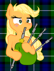 Size: 600x799 | Tagged: safe, artist:arcum42, artist:gezawatt, applejack, g4, bagpipes, colored, female, hatless, missing accessory, musical instrument, solo, tartan