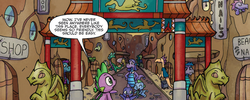 Size: 1298x521 | Tagged: safe, idw, spike, dragon, friends forever #14, g4, my little pony: friends forever, spoiler:comic, chinatown, dragontown, unnamed character, unnamed dragon