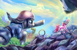 Size: 1700x1100 | Tagged: safe, artist:viwrastupr, maud pie, pinkie pie, g4, maud pie (episode), pickelhaube, scene interpretation, unshorn fetlocks