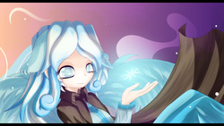 Size: 3840x2160 | Tagged: safe, artist:an-m, oc, oc only, oc:snowdrop, human, bedroom eyes, cape, clothes, cloud, cloudy, eared humanization, eye reflection, floppy ears, high res, humanized, humanized oc, looking at you, snow, snowflake, solo, winged humanization