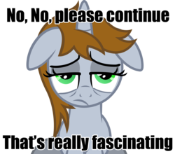 Size: 2386x2103 | Tagged: safe, artist:outlawedtofu, oc, oc only, oc:littlepip, pony, unicorn, fallout equestria, caption, fanfic, fanfic art, female, floppy ears, high res, horn, mare, reaction image, simple background, solo, teeth, transparent background, vector
