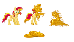 Size: 1750x1000 | Tagged: safe, artist:redflare500, sunset shimmer, pony, unicorn, g4, coin, comic, female, gold, inanimate tf, mare, objectification, simple background, solo, transformation, transformation sequence, white background