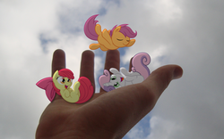 Size: 1920x1200 | Tagged: safe, artist:bryal, apple bloom, scootaloo, sweetie belle, g4, cutie mark crusaders, hand, irl, photo, ponies in real life, tiny ponies