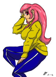 Size: 1100x1500 | Tagged: safe, artist:squintinturninchino, fluttershy, human, g4, big breasts, breasts, clothes, female, humanized, red eyes, solo, sweater, sweatershy