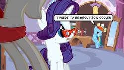 Size: 600x338 | Tagged: safe, edit, edited screencap, screencap, rainbow dash, rarity, g4, my little pony: friendship is magic, suited for success, 20% cooler, art of the dress, duo, glasses, mannequin, quote, speech bubble