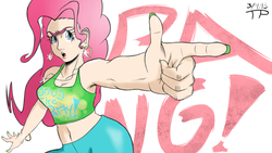 Size: 1920x1080 | Tagged: safe, artist:thethunderpony, pinkie pie, human, g4, armpits, bang, bracelet, clothes, dog tags, earring, female, finger gun, fingernails, foreshortening, hand, humanized, nail polish, open mouth, pants, piercing, solo, tank top