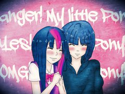 Size: 1024x768 | Tagged: safe, artist:misakikurokishi, maud pie, twilight sparkle, human, g4, blushing, graffiti, humanized