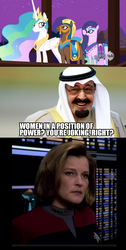 Size: 936x1860 | Tagged: safe, screencap, amira, haakim, princess celestia, saddle arabian, g4, image macro, kathryn janeway, meme, saudi arabia, star trek, star trek: voyager