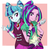 Size: 688x673 | Tagged: safe, artist:ta-na, aria blaze, sonata dusk, equestria girls, g4, alternate hairstyle, ariabetes, cute, frown, hair swap, hairstyle swap, hover hand, raised eyebrow, smiling, sonatabetes