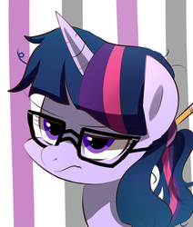Size: 1100x1300 | Tagged: safe, artist:sion-ara, sci-twi, twilight sparkle, pony, unicorn, equestria girls, g4, equestria girls ponified, female, frown, glasses, pencil, ponified, sci-twi is not amused, simple background, solo, twilight sparkle is not amused, unamused, unicorn sci-twi