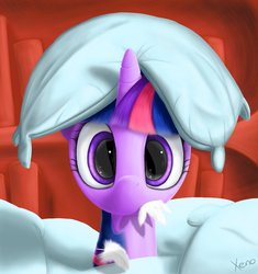 Size: 1000x1062 | Tagged: safe, artist:the1xeno1, twilight sparkle, pony, unicorn, g4, look before you sleep, cute, feather, female, looking at you, mare, mouth hold, pillow, pillow fort, pillow hat, scene interpretation, solo, twiabetes, unicorn twilight, wide eyes