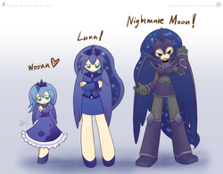 Size: 2304x1800 | Tagged: safe, artist:howxu, nightmare moon, princess luna, human, g4, armor, armor skirt, boots, clothes, cute, dress, filly, horn, horned humanization, humanized, lunar trinity, pantyhose, shoes, skirt, winged humanization, woona