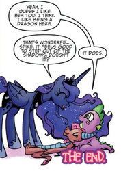 Size: 551x779 | Tagged: safe, idw, mina, princess luna, spike, dragon, friends forever #14, g4, my little pony: friends forever, spoiler:comic, dragoness, female, male, speech bubble, spina, the end, trio