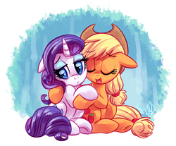 Size: 1150x950 | Tagged: safe, artist:whitediamonds, applejack, rarity, earth pony, pony, unicorn, rarijack daily, g4, applejack's hat, comforting, cowboy hat, crying, duo, duo female, eyes closed, female, floppy ears, frown, hat, lesbian, mare, marshmelodrama, open mouth, pouting, ship:rarijack, shipping