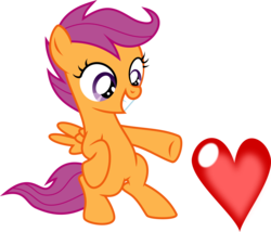 Size: 5500x4700 | Tagged: safe, artist:sir-teutonic-knight, scootaloo, pegasus, pony, g4, absurd resolution, bipedal, cute, cutealoo, female, gritted teeth, heart, looking down, pointing, simple background, solo, teeth, transparent background, vector