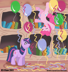 Size: 711x747 | Tagged: safe, artist:ks-claw, pinkie pie, twilight sparkle, earth pony, pony, unicorn, g4, artifact, balloon, bipedal, book, dancing, duo, female, in which pinkie pie forgets how to gravity, mare, pinkie being pinkie, pinkie physics, unicorn twilight, upside down