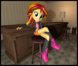 Size: 1309x1115 | Tagged: safe, artist:iflysna94, sunset shimmer, equestria girls, g4, 3d, bar, boots, clothes, crossed legs, cute, female, legs, shimmerbetes, sitting, skirt, smiling, solo, source filmmaker, stool