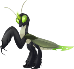 Size: 1200x1129 | Tagged: safe, artist:blackfreya, changeling, hybrid, mantis, green changeling, male, mantisling, multiple legs, multiple limbs, simple background, solo, transparent background