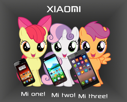 Size: 640x512 | Tagged: safe, apple bloom, scootaloo, sweetie belle, g4, advertisement, cutie mark crusaders, phone, smartphone, xiaomi