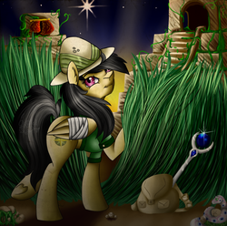 Size: 887x881 | Tagged: safe, artist:baffleddingo, daring do, snake, g4, backpack, bandage, female, injured, lost, ruins, solo, staff