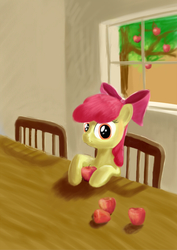 Size: 723x1023 | Tagged: artist needed, safe, apple bloom, earth pony, pony, g4, apple, female, fine art parody, food, girl with peaches, parody, smiling, solo, table
