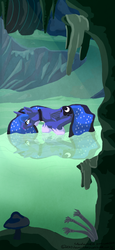 Size: 884x1920 | Tagged: safe, artist:blindcoyote, princess luna, g4, cave, cave pool, female, mirror pool, solo