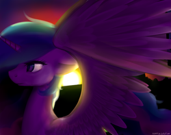 Size: 1500x1181 | Tagged: safe, artist:n0m1, princess celestia, g4, female, solo, spread wings, sunset, twilight (astronomy)