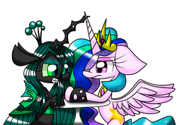 Size: 1600x1130 | Tagged: safe, artist:lovehtf421, princess celestia, queen chrysalis, alicorn, changeling, changeling queen, pony, g4, female, floppy ears, grin, hoofwrestle, impossibly large ears, simple background, spread wings