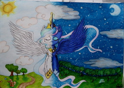 Size: 4008x2853 | Tagged: safe, artist:mcjusti, princess celestia, princess luna, g4, day, eyes closed, flying, night, traditional art