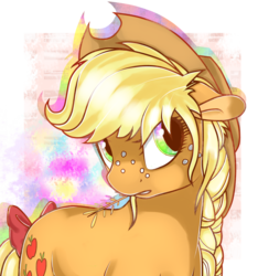 Size: 1024x1092 | Tagged: safe, artist:sofilut, applejack, g4, braid, cute, female, jackabetes, solo, straw, tail bow